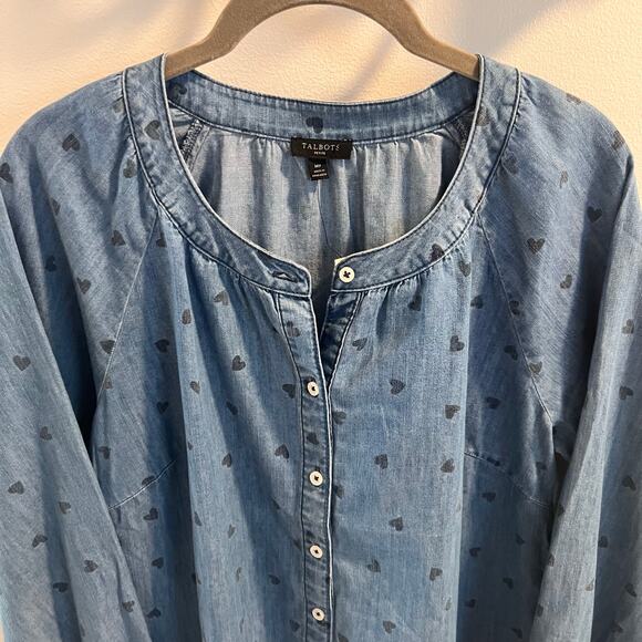 NWT Talbots 100% Cotton Heart Patterned Denim Ruffle Top Size MP - Picture 3 of 8